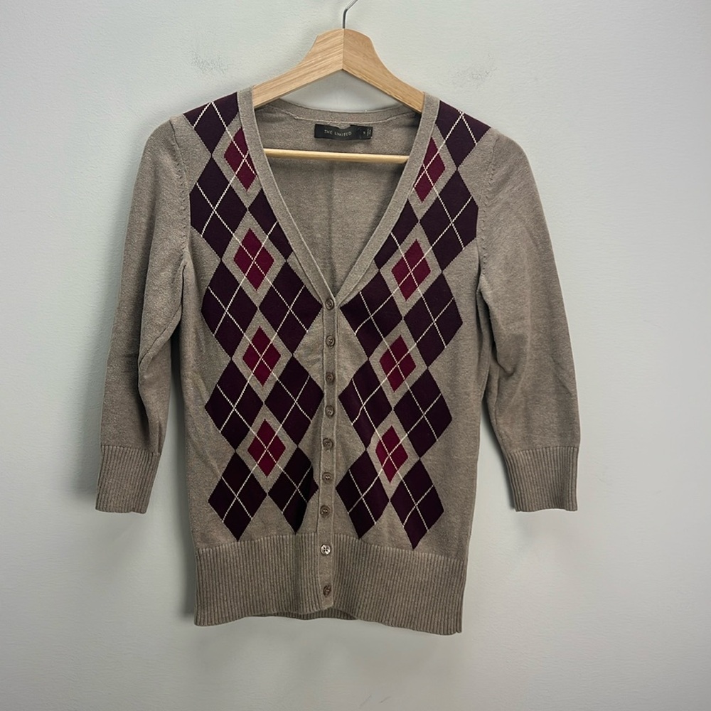 Vintage 90s Y2k The Limited Argyle Cardigan Sweater Small Retro Prep Academia